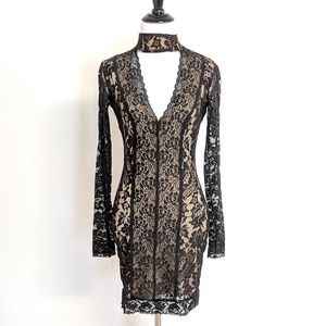 NWOT Bebe High Neck Open Back Lace Bodycon Dress